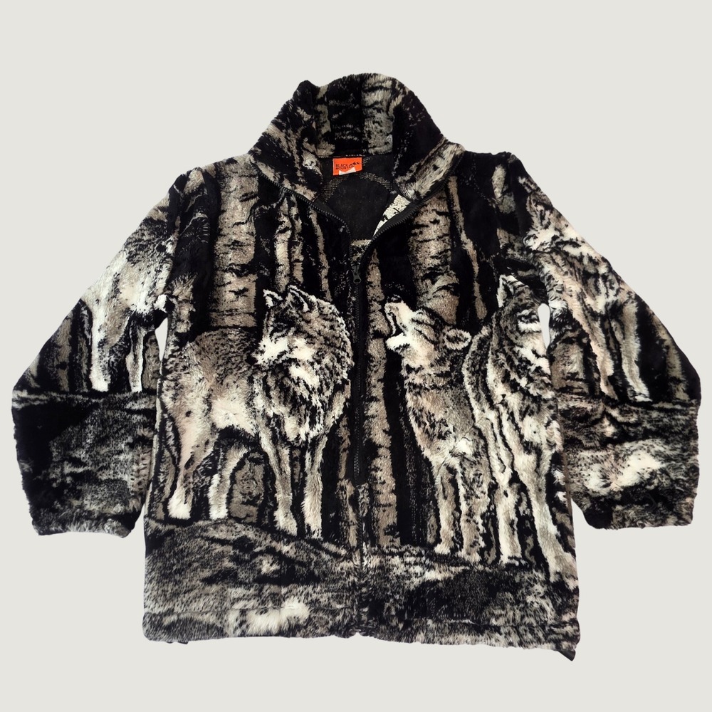 Vintage Black Mountain Wolf Fleece Jacket Plush Zip Up 90s Y2K Black White Small